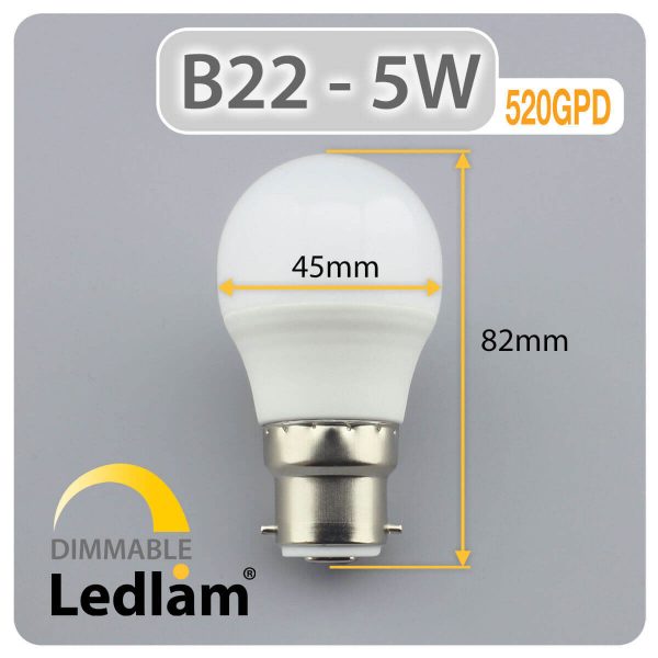 Ledlam B22 LED Golf Ball Bulb 5W 520GPD dimmable Dimensions 1