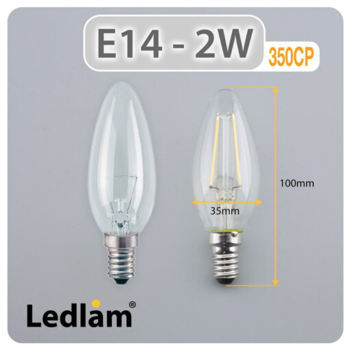 Ledlam E14 350CP 2W LED Filament Candle Bulb Dimensions 1