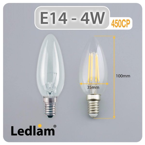 Ledlam E14 450CP 4W LED Filament Candle Bulb Dimensions 1