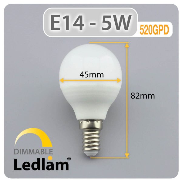 Ledlam E14 LED Golf Ball Bulb 5W 520GPD dimmable Dimensions 1
