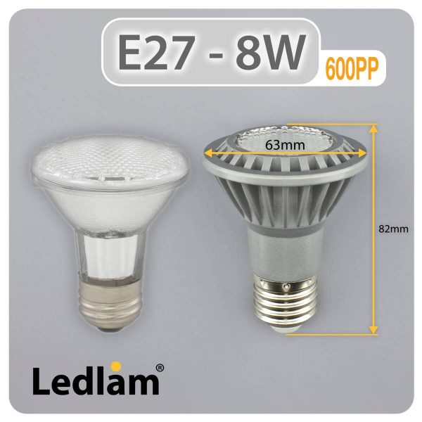 Ledlam E27 600PP 8W LED PAR20 Reflector Bulb Dimensions 1