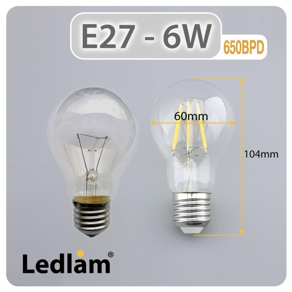 Ledlam E27 650BPD 6W LED Filament Bulb dimmable Dimensions 1