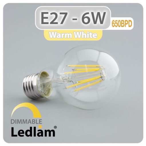 Ledlam E27 650BPD 6W LED Filament Bulb dimmable Warm White 30631 1