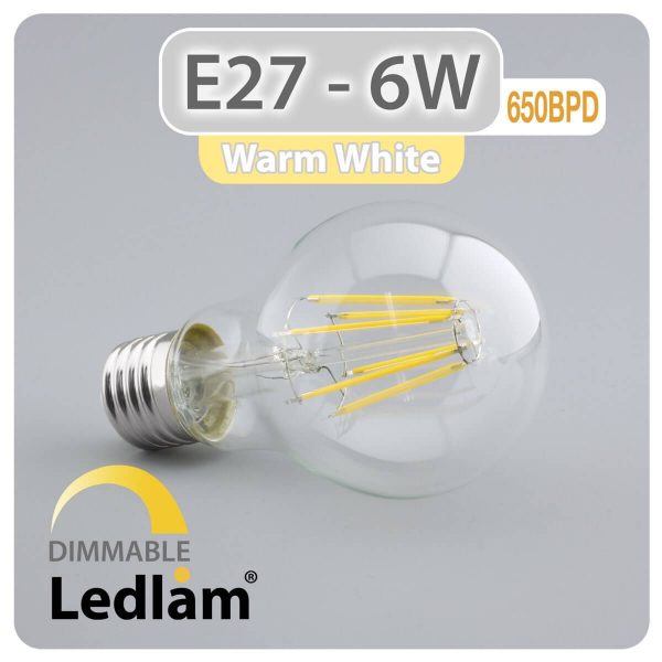 Ledlam E27 650BPD 6W LED Filament Bulb dimmable Warm White 30631 1