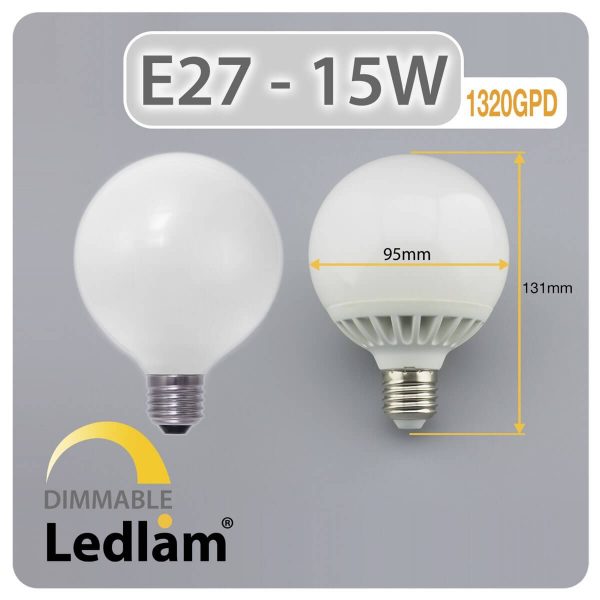 Ledlam E27 G95 LED Globe Bulb 15W 1320GPD dimmable Dimensions 1