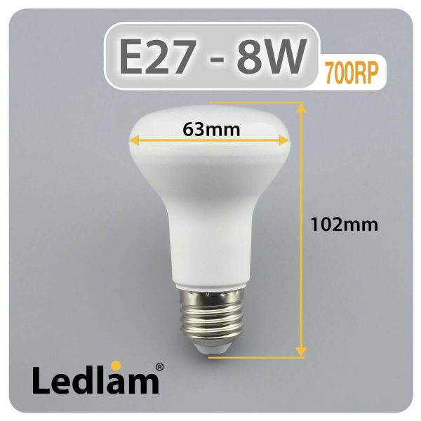 Ledlam E27 R63 LED Reflector Bulb 8W 700RP Dimensions 1