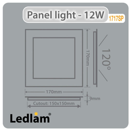 Ledlam LED Panel Light 12W Square 1717SP silver Dimensions