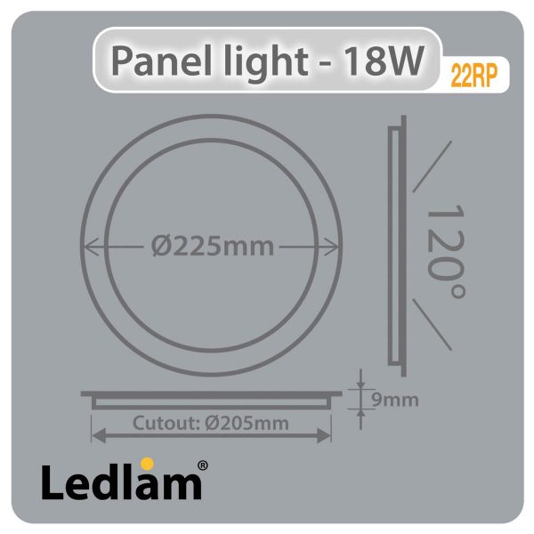 Ledlam LED Panel Light 18W Round 22RPD silver dimmable Dimensions