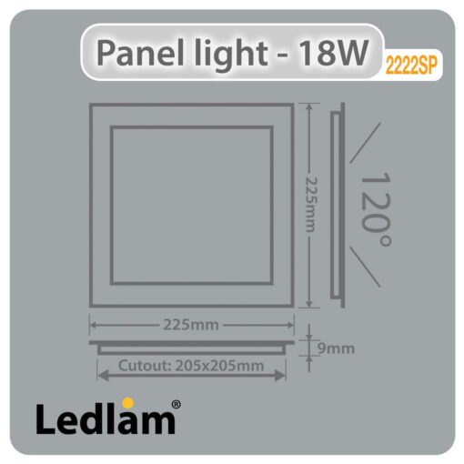 Ledlam LED Panel Light 18W Square 2222SP Dimensions