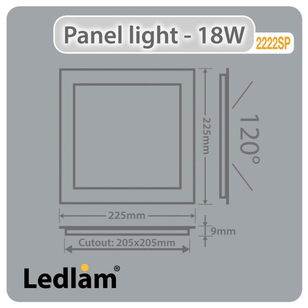 Ledlam LED Panel Light 18W Square 2222SPD dimmable Dimensions