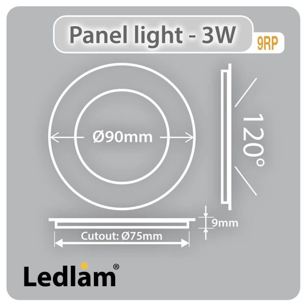 Ledlam LED Panel Light 3W Round 9RPD dimmable Dimensions