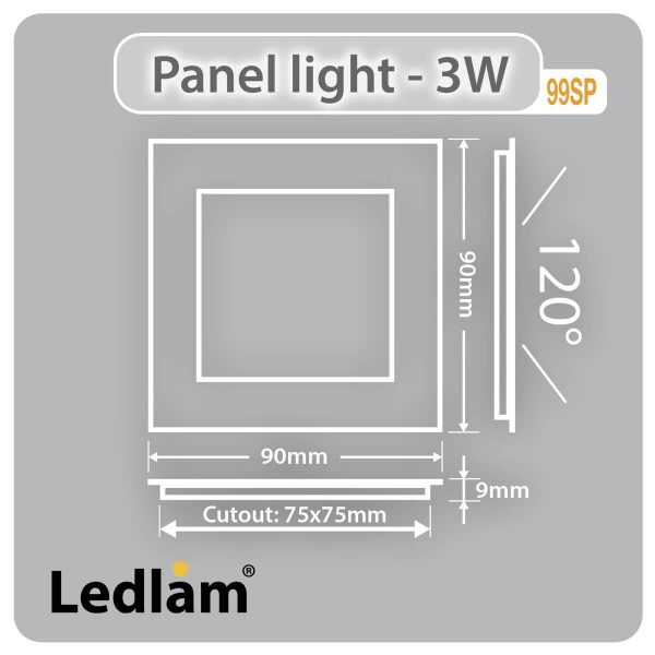 Ledlam LED Panel Light 3W Square 99SP Dimensions