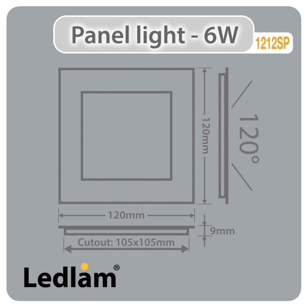 Ledlam LED Panel Light 6W Square 1212SPD silver dimmable Dimensions