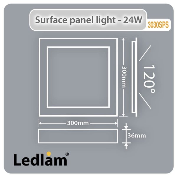 Ledlam LED Surface Panel Light 24W Square 3030SPS Dimensions