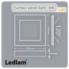 Ledlam LED Surface Panel Light 6W Square 1212SPS Dimensions