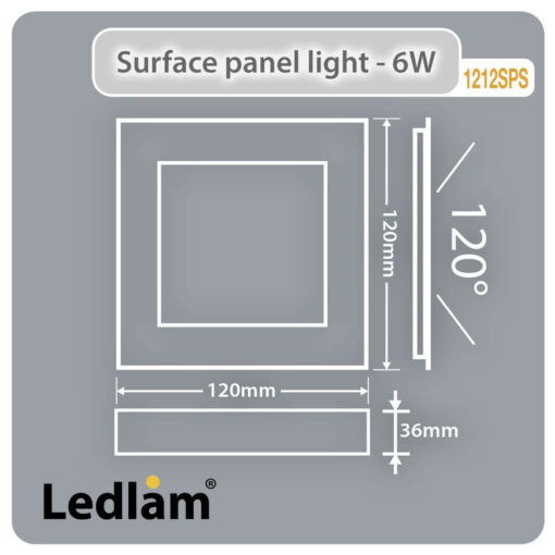 Ledlam LED Surface Panel Light 6W Square 1212SPSD dimmable Dimensions