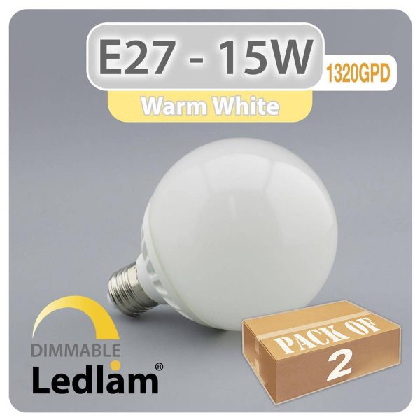 Ledlam pack of 2x E27 G95 LED Globe Bulb 15W 1320GPD warm white dimmable 31088 01 1