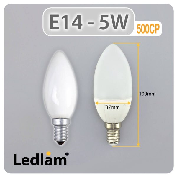 Ledlam pack of 4x E14 LED Candle Bulb 5W 500CP cool white 31084 Dimensions 1