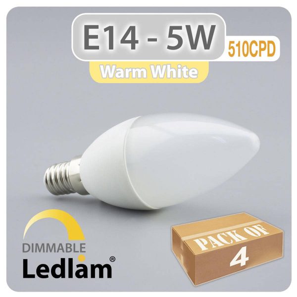 Ledlam pack of 4x E14 LED Candle Bulb 5W 510CPD warm white dimmable 31087 01 1