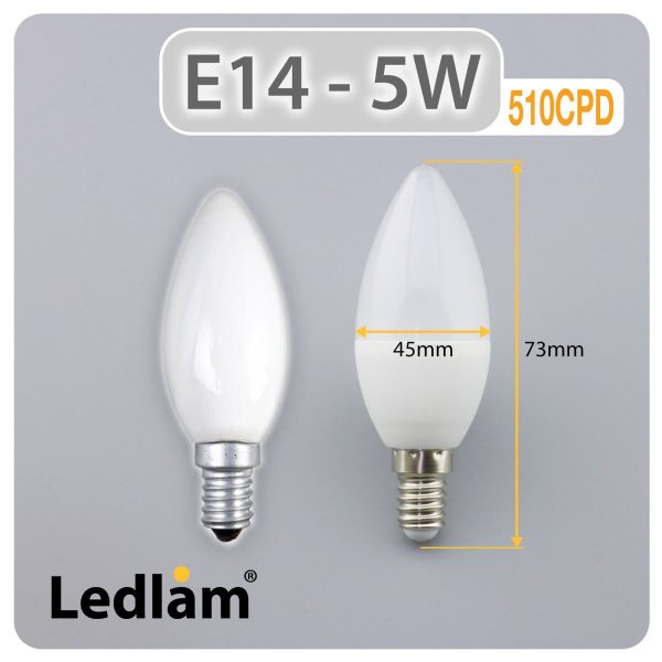 Ledlam pack of 4x E14 LED Candle Bulb 5W 510CPD warm white dimmable 31087 Dimensions 1