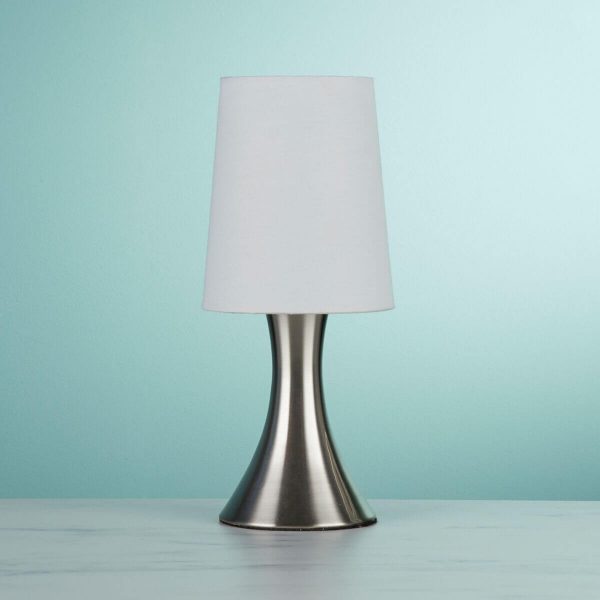 Searchlight TOUCH TABLE LAMP SATIN SILVER BASE WHITE TAPERED SHADE 3922SS 02