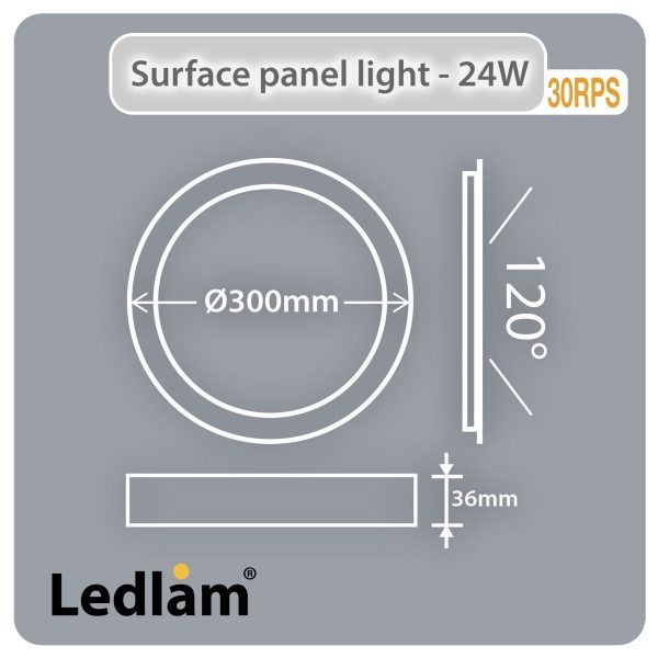 Ledlam LED Surface Panel Light 24W Round 30RPSD dimmable Dimensions