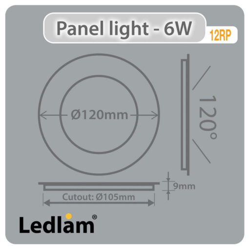 Ledlam LED Panel Light 6W Round 12RPD dimmable Dimensions
