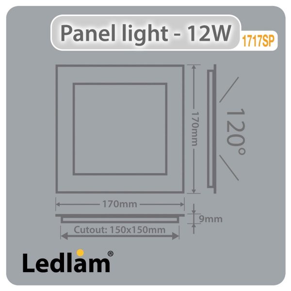 Ledlam-LED-Panel-Light-12W-Square-1717SP-brushed-steel-Dimensions-1