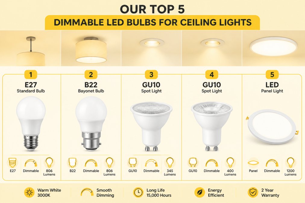 Five different dimmable LED bulbs arranged side by side on a neutral background, showing E27 standard bulb, B22 bayonet bulb, two GU10 spot lights, and a flat circular LED panel, with ceiling light fittings visible in the background