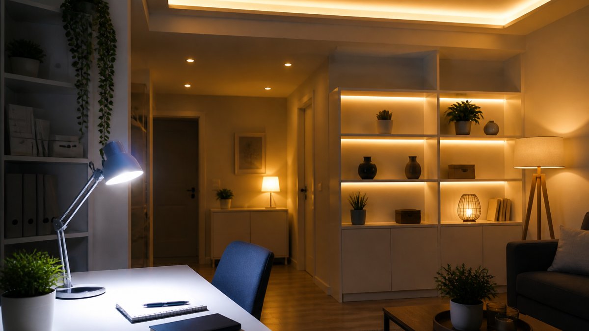 Diagram showing how to layer ambient, task, and accent LED lighting to brighten a modern living room space.