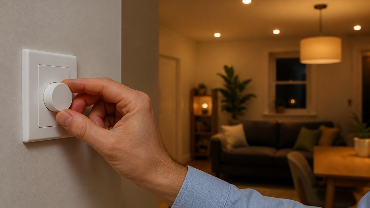Professional hand adjusting a modern smart dimmer switch on a wall with warm LED lighting illuminated in the background, showing the interface panel clearly