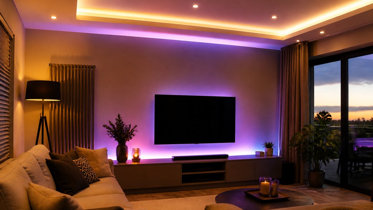 Modern living room at dusk with warm dimmed ceiling lights and colour-changing accent lighting creating a relaxing atmosphere