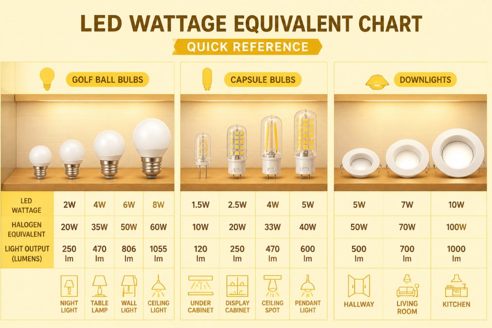 Variety of LED bulbs in different shapes and downlight fixtures displayed on a shelf in warm home setting, showing golf ball bulbs, capsule bulbs, and recessed downlights side by side