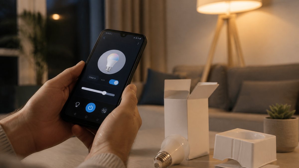 Hands holding a smartphone displaying the Tuya app interface with a smart bulb visible in a modern living room lamp in the background, warm evening lighting